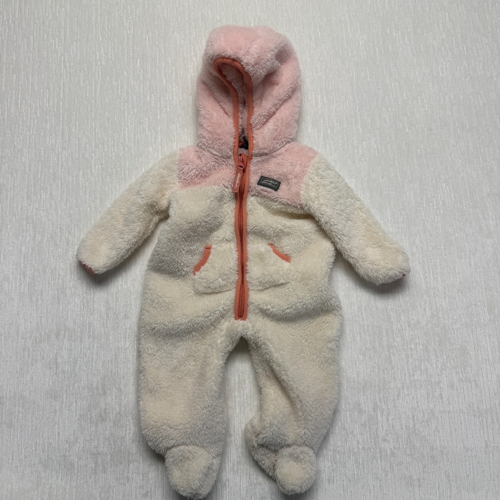 Eddie Bauer Fleece Bunting Romper Infant Kids 3/6M Pink Beige Hooded Footed Zip